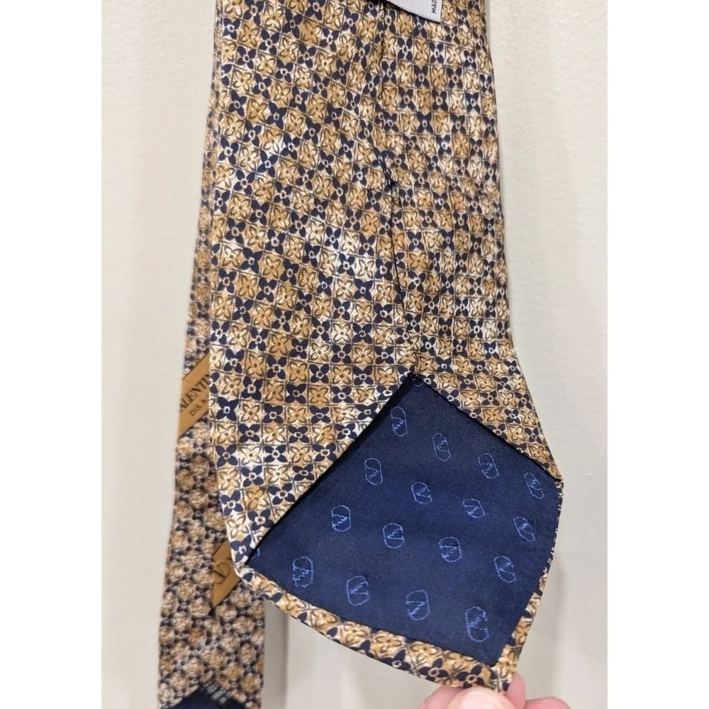 Valentino 100% Silk Tan and Navy Blue Tie One Size